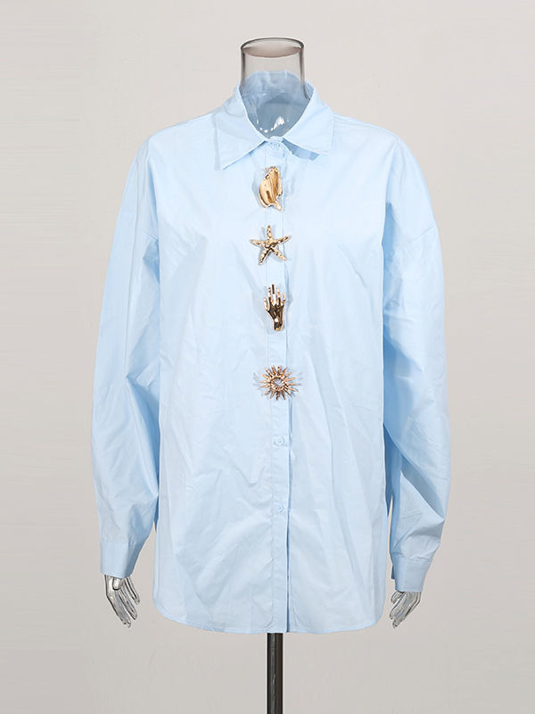 TWOTWINSTYLE Lapel Spliced Metal Jewelry Long Sleeve Casual Shirt