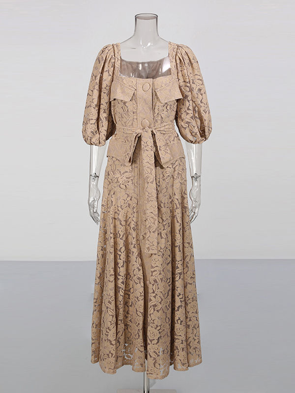 TWOTWINSTYLE Square Neckline Puff Sleeve High Waist Elegant Dress