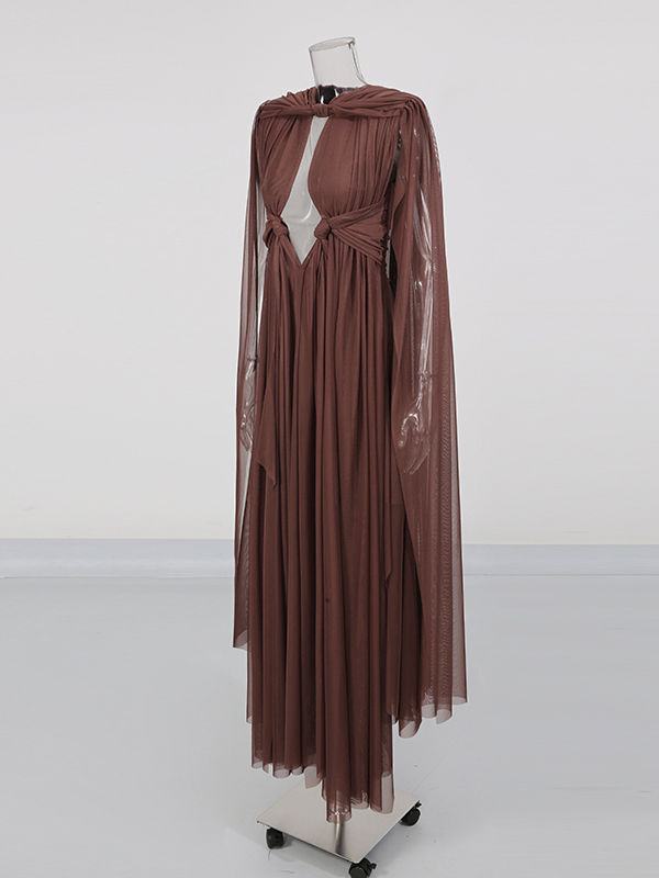 TWOTWINSTYLE Solid Sleeveles Hollow Out Patchwork Mesh Ruched Vintage Dress
