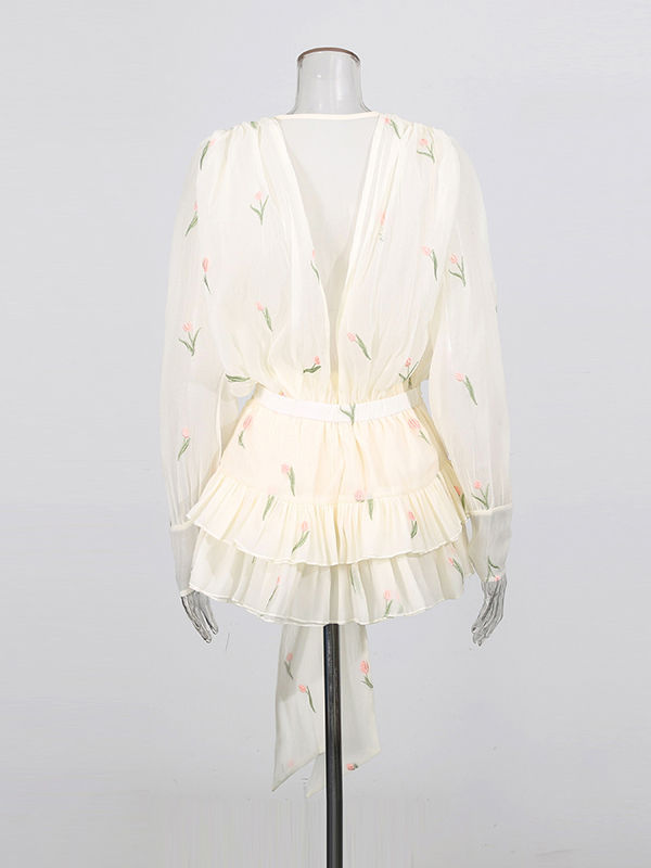 TWOTWINSTYLE Print V-Neck Tunic Patchwork Bowknot Elegant Mini Dress