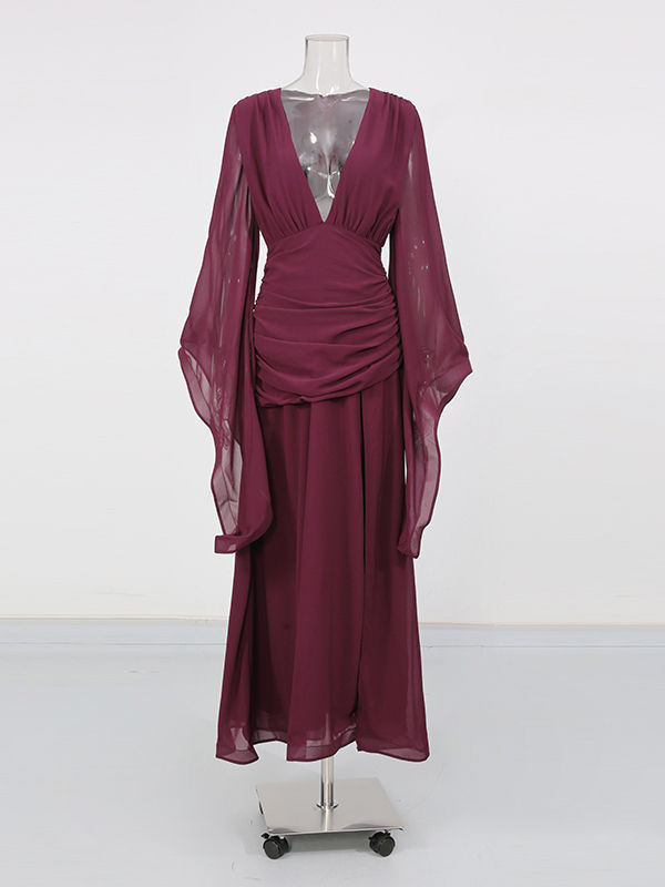 TWOTWINSTYLE Deep V Neck Bell Sleeve Side Split Chic Dress