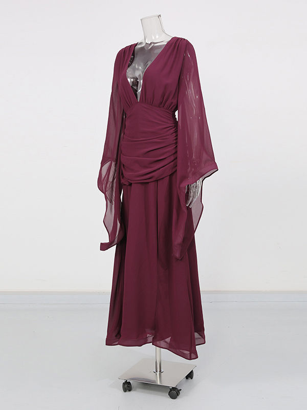 TWOTWINSTYLE Deep V Neck Bell Sleeve Side Split Chic Dress