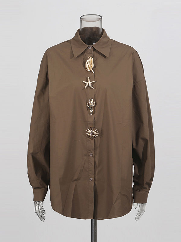 TWOTWINSTYLE Lapel Spliced Metal Jewelry Long Sleeve Casual Shirt