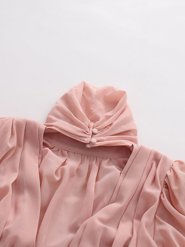 TWOTWINSTYLE Stand Collar Long Sleeve Pleated Chic Mini Dress