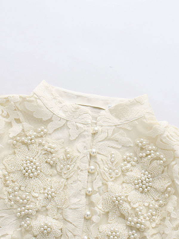 TWOTWINSTYLE Round Neck Spliced Pearl Top Patchwork Pattern Skirt Two Piece Set