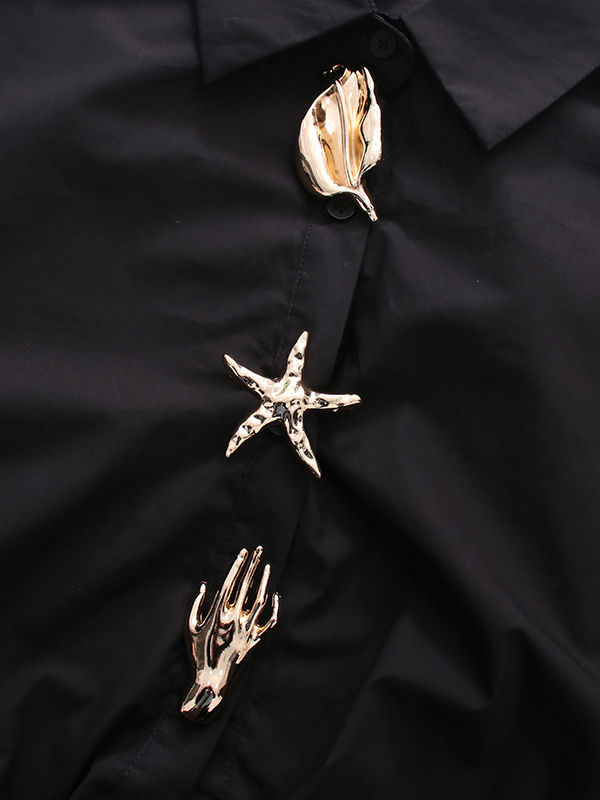 TWOTWINSTYLE Lapel Spliced Metal Jewelry Long Sleeve Casual Shirt