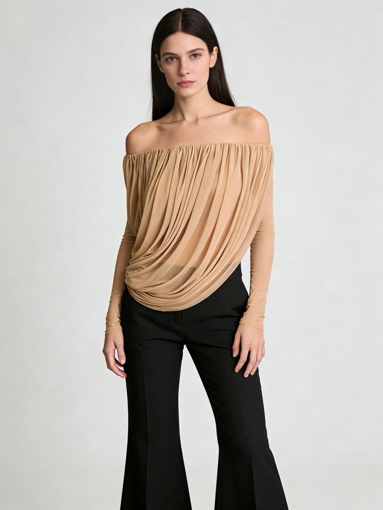 TWOTWINSTYLE Off Shoulder Long Sleeve Irregular Hem Vintage Shirt