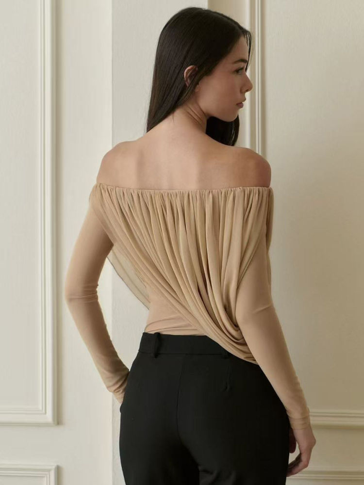 TWOTWINSTYLE Off Shoulder Long Sleeve Irregular Hem Vintage Shirt