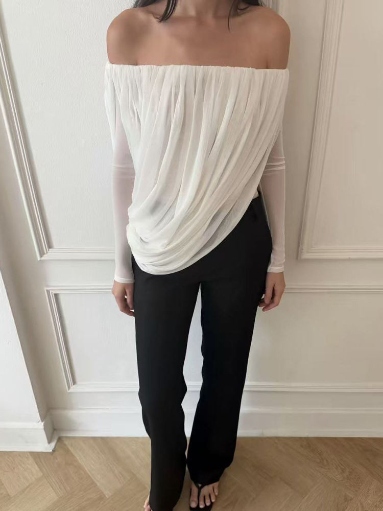 TWOTWINSTYLE Off Shoulder Long Sleeve Irregular Hem Vintage Shirt