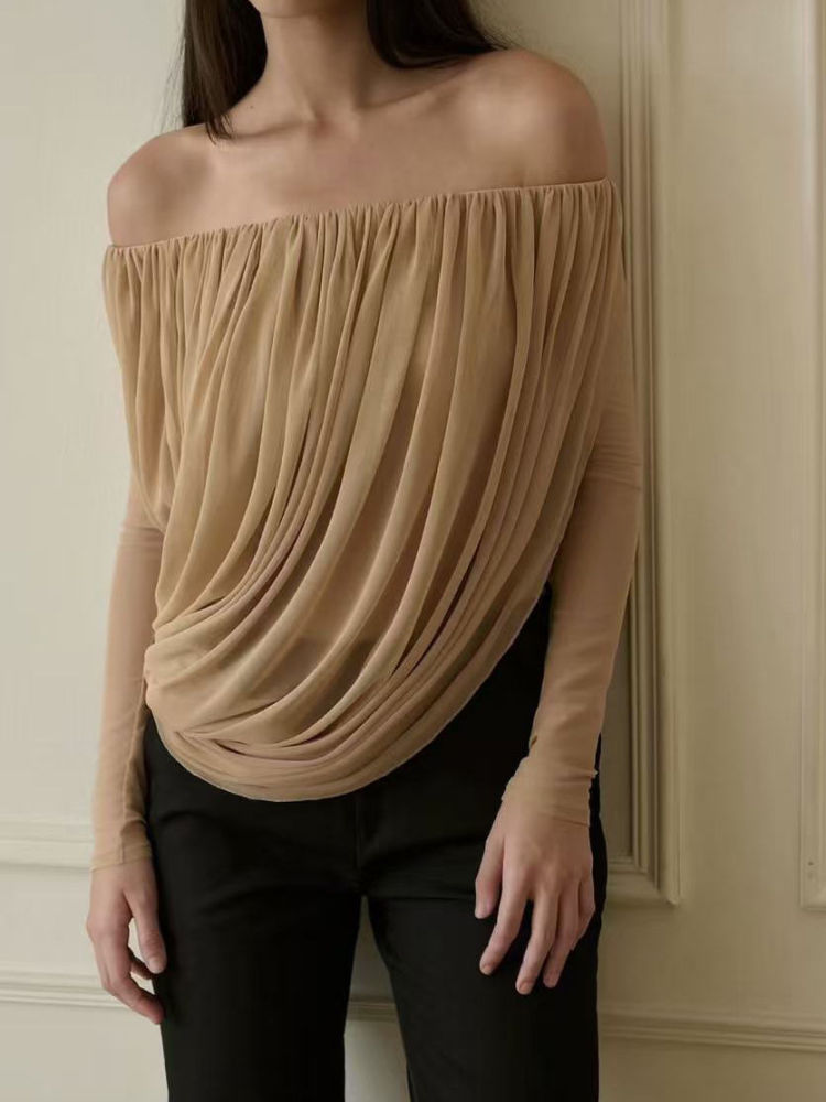 TWOTWINSTYLE Off Shoulder Long Sleeve Irregular Hem Vintage Shirt