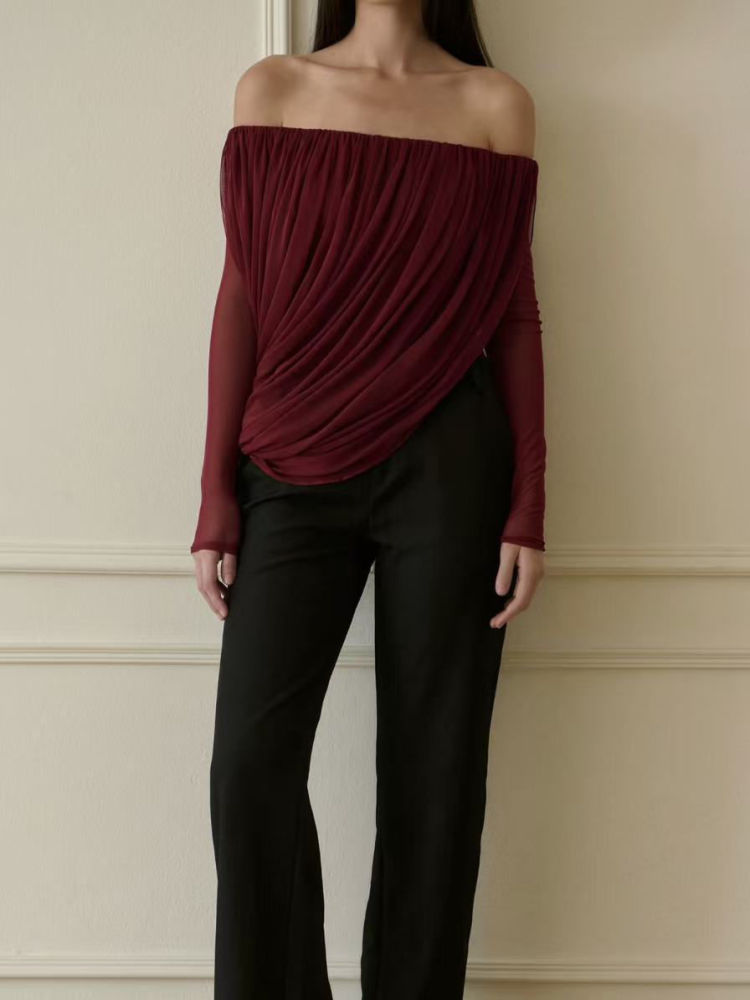 TWOTWINSTYLE Off Shoulder Long Sleeve Irregular Hem Vintage Shirt
