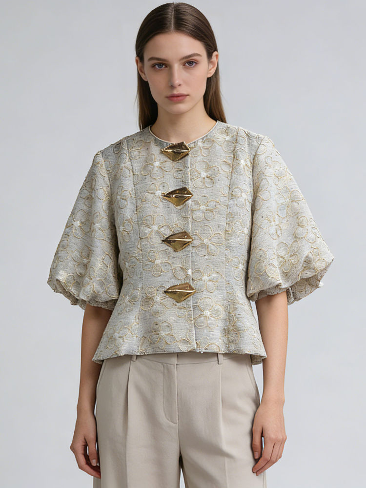 TWOTWINSTYLE Round Neck Puff Sleeve Spliced Metal Fashion Shirt