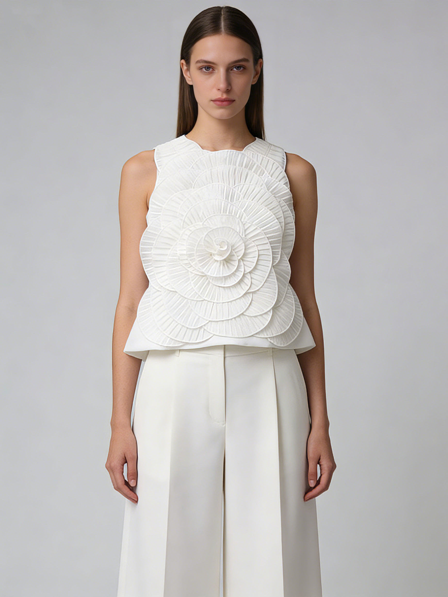 TWOTWINSTYLE Round Neck Sleeveles Patchwork 3D Flower Minimalist Shirt