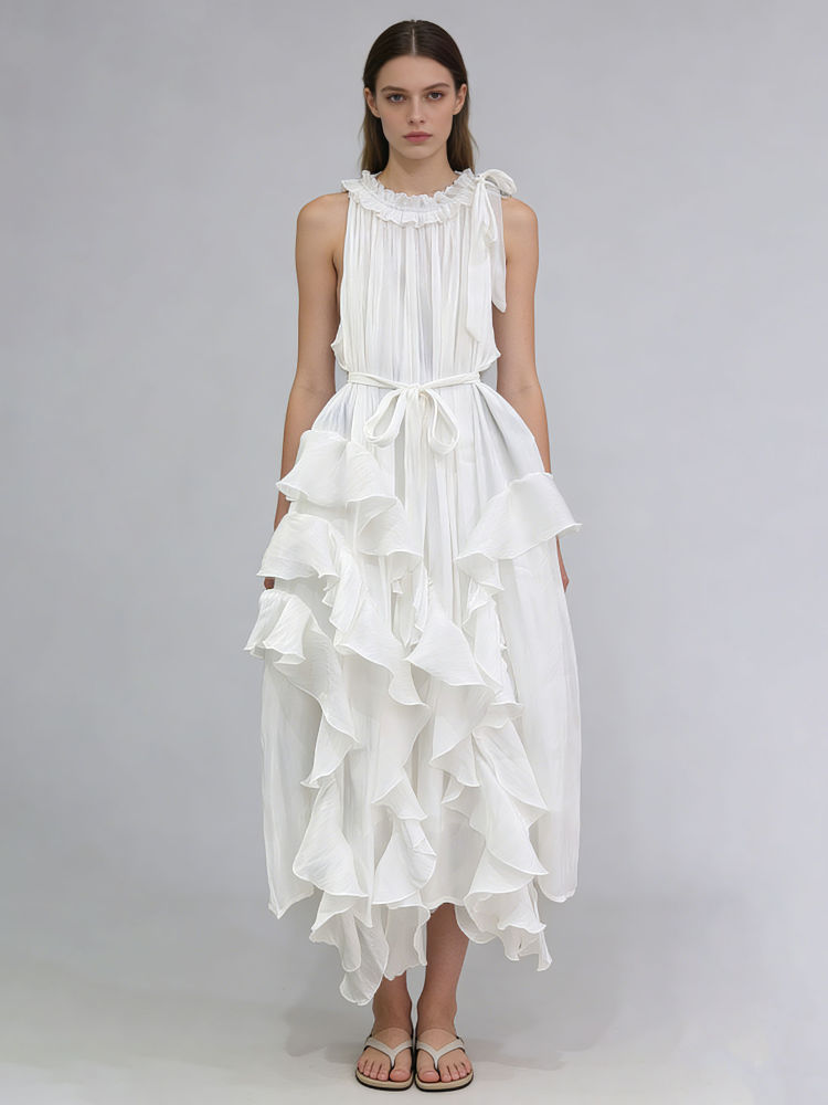 TWOTWINSTYLE Round Neck Spliced Ruffles High Waist Designer Dress