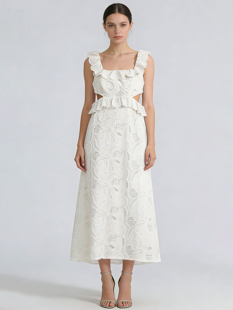 TWOTWINSTYLE Solid Sleeveles Hollow Out Patchwork Lace Elegant Dress