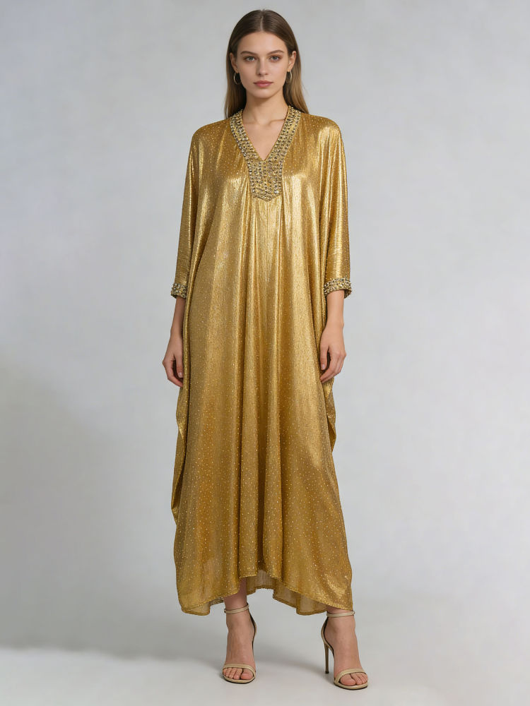 TWOTWINSTYLE V Neck Long Sleeve Spliced Diamond Designer Dress