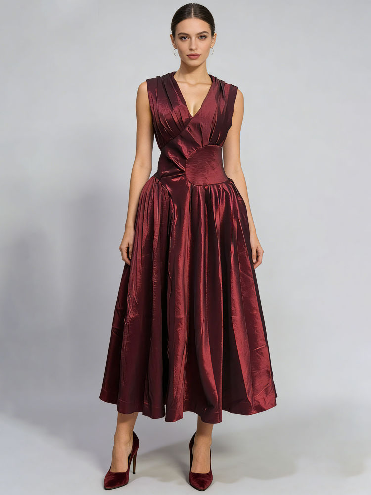 TWOTWINSTYLE V Neck Tunic Pleated Minimalist Midi Dress