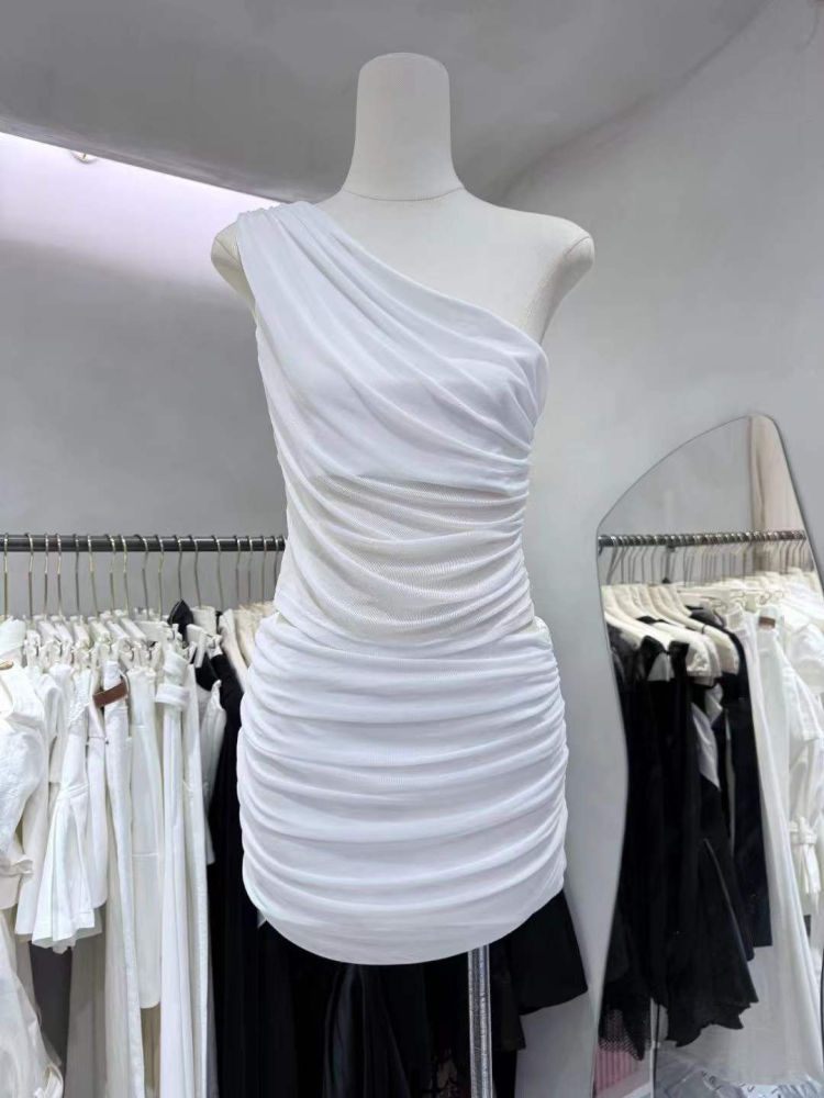 TWOTWINSTYLE Off One Shoulder Tunic Vest High Waist Ruched Skirt Chic Dress