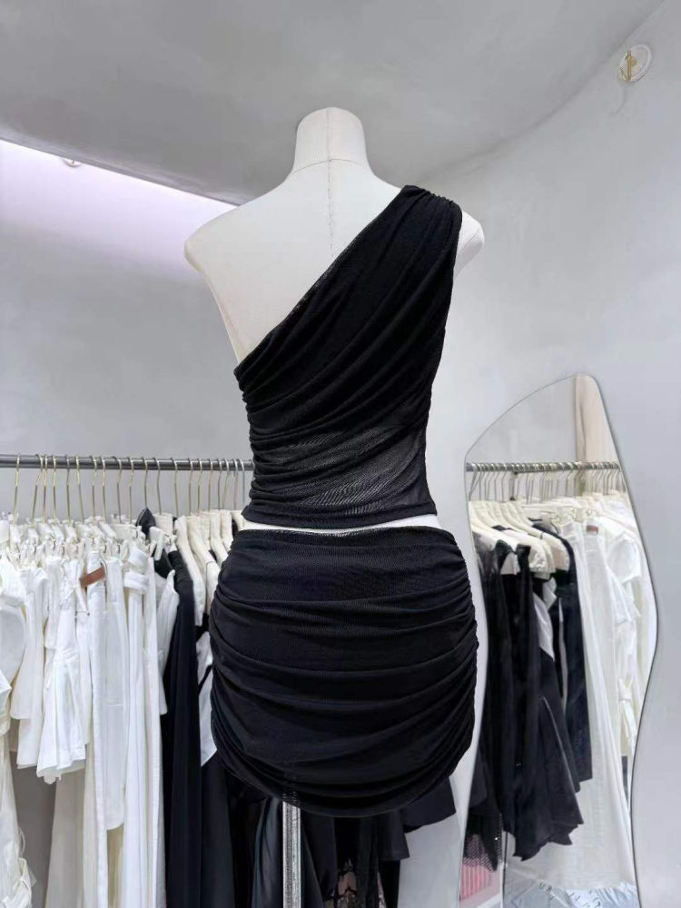 TWOTWINSTYLE Off One Shoulder Tunic Vest High Waist Ruched Skirt Chic Dress