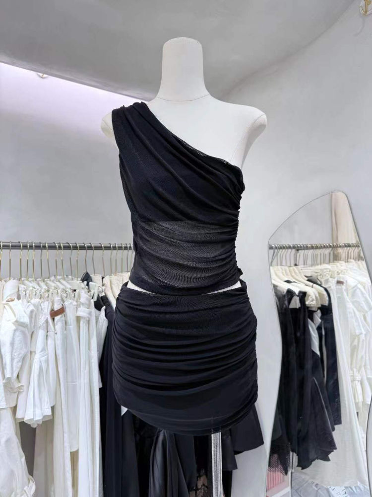TWOTWINSTYLE Off One Shoulder Tunic Vest High Waist Ruched Skirt Chic Dress