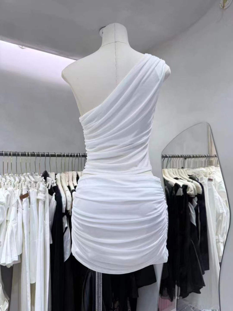 TWOTWINSTYLE Off One Shoulder Tunic Vest High Waist Ruched Skirt Chic Dress