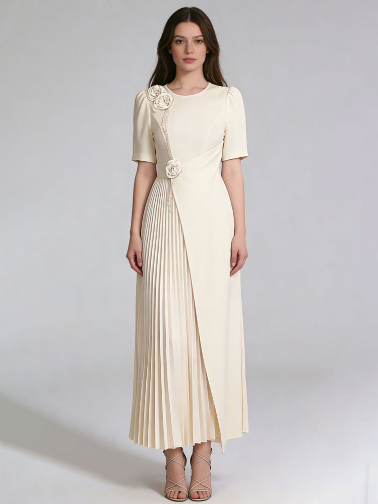 TWOTWINSTYLE Round Neck Spliced 3D Flower High Waist Ruched Chic Dress