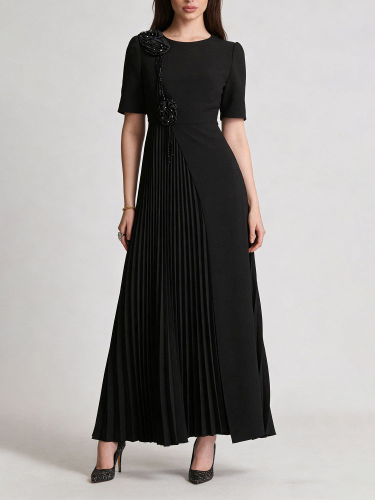 TWOTWINSTYLE Round Neck Spliced 3D Flower High Waist Ruched Chic Dress