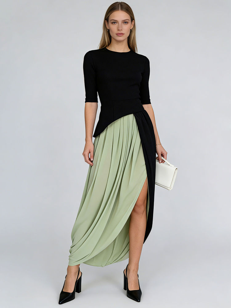 TWOTWINSTYLE Solid High Waist Side Split Ruched Fashion Skirt