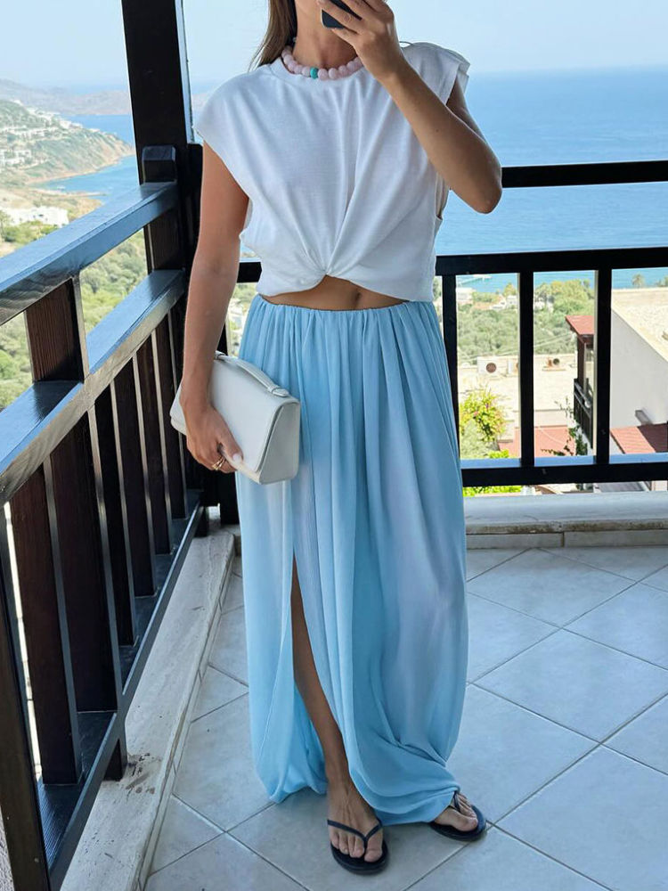 TWOTWINSTYLE Solid High Waist Side Split Ruched Fashion Skirt