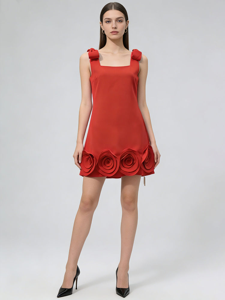 TWOTWINSTYLE Solid Spliced Bowknot And 3D Flower Elegant Dress