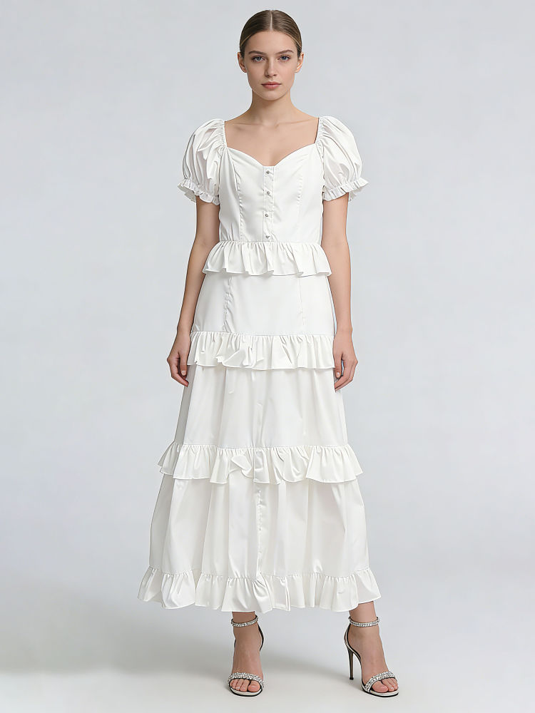 TWOTWINSTYLE Solid Square Neckline Puff Sleeve Designer Dress