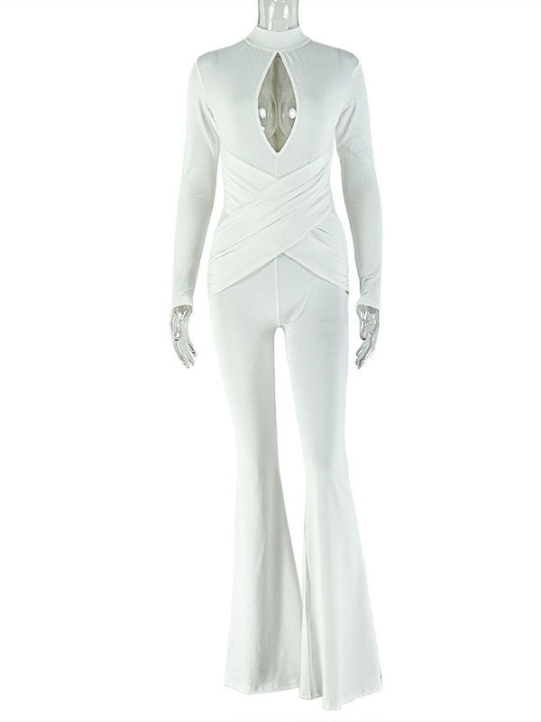 TWOTWINSTYLE Solid Stand Collar Hollow Out Slimming Jumpsuit