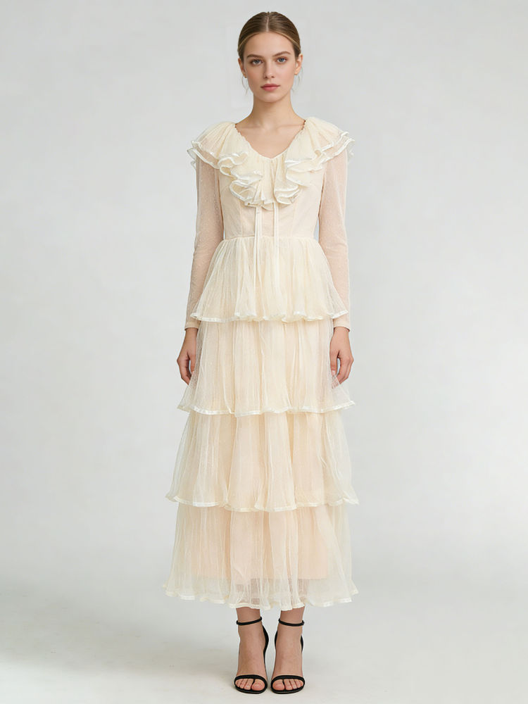 TWOTWINSTYLE Solid V Neck Spliced Ruffles Elegant Dress