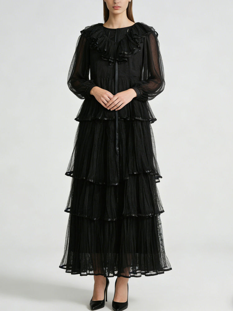 TWOTWINSTYLE Solid V Neck Spliced Ruffles Elegant Dress