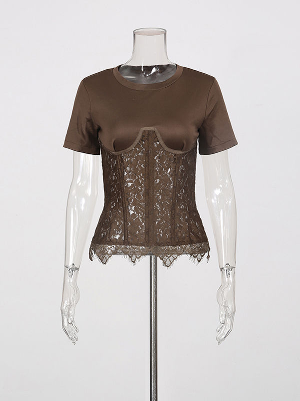 TWOTWINSTYLE Solid Spliced Lace Slimming Chic T Shirt