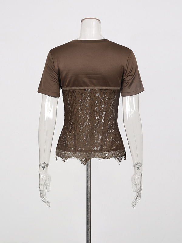 TWOTWINSTYLE Solid Spliced Lace Slimming Chic T Shirt