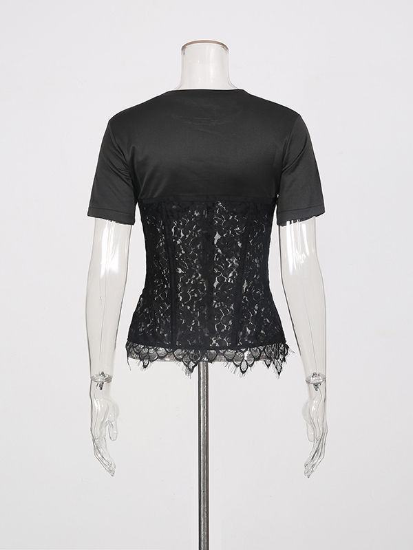 TWOTWINSTYLE Solid Spliced Lace Slimming Chic T Shirt