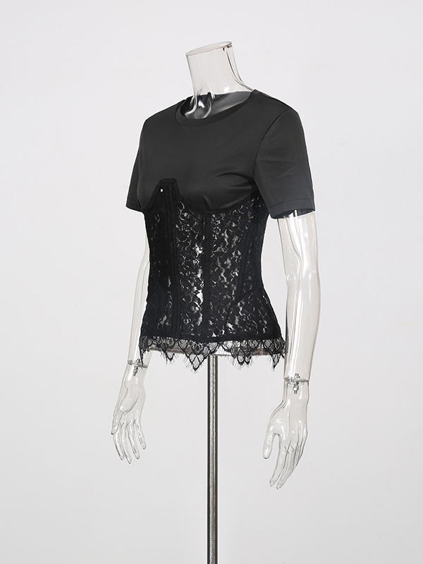 TWOTWINSTYLE Solid Spliced Lace Slimming Chic T Shirt