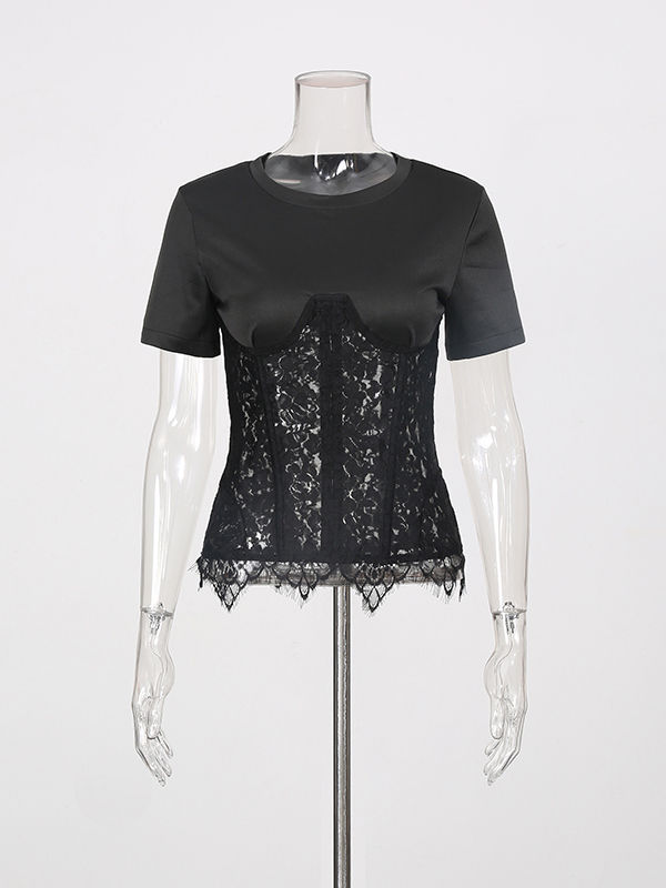 TWOTWINSTYLE Solid Spliced Lace Slimming Chic T Shirt