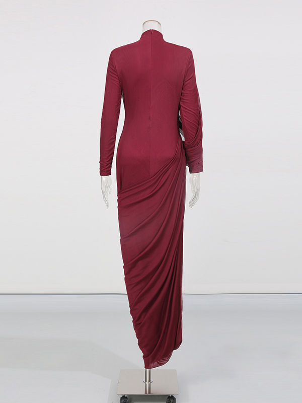 TWOTWINSTYLE Solid Stand Collar Slimming Pleated Dress