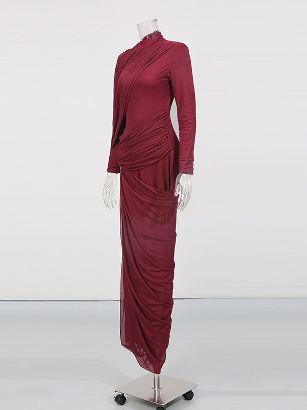 TWOTWINSTYLE Solid Stand Collar Slimming Pleated Dress