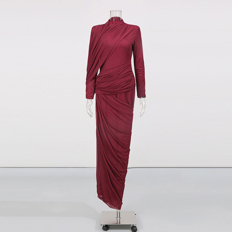 TWOTWINSTYLE Solid Stand Collar Slimming Pleated Dress