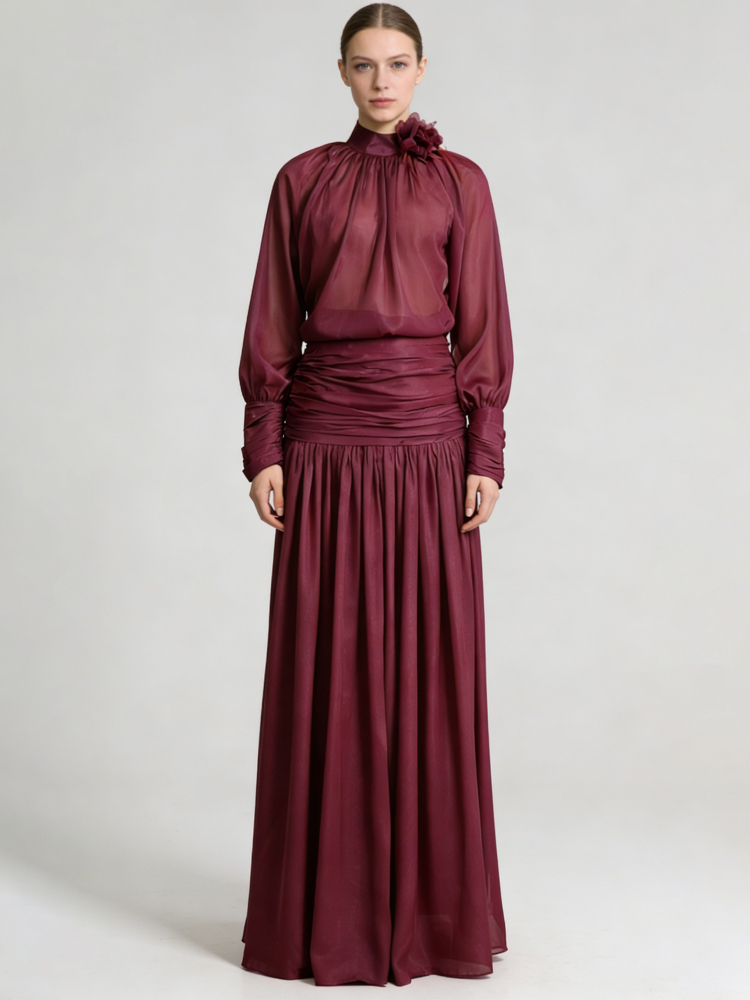 TWOTWINSTYLE Stand Collar Long Sleeve Top Tunic Skirt Vintage Set