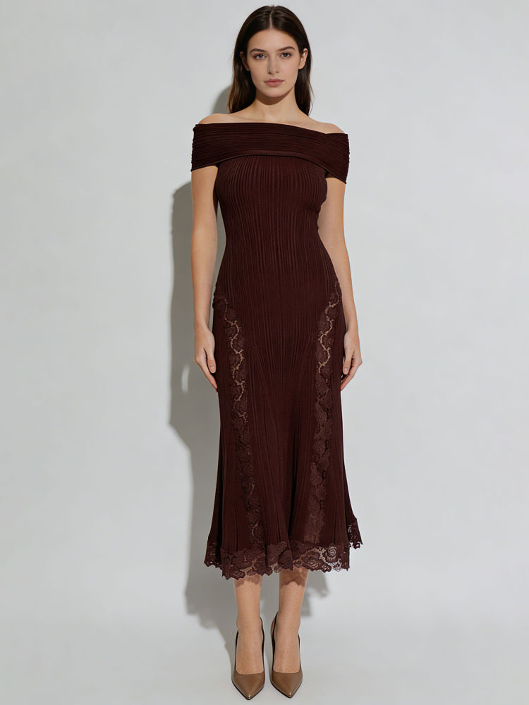 TWOTWINSTYLE Off Shoulder High Waist Spliced Lace Fashion Dress