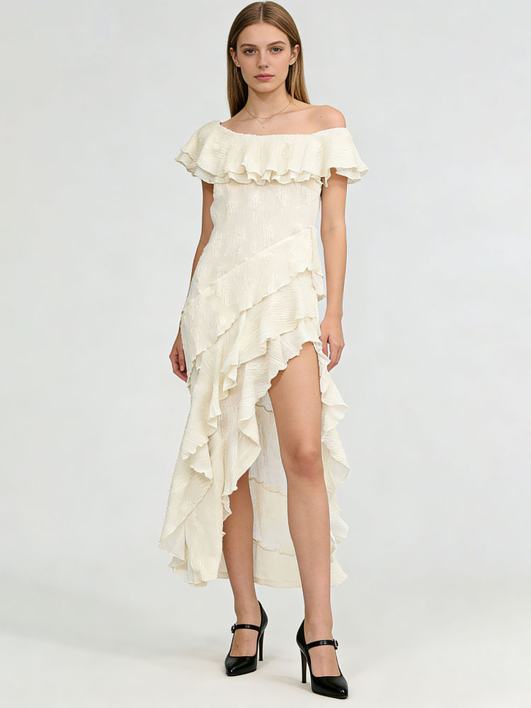 TWOTWINSTYLE Off Shoulder Irregular Hem Spliced Ruffles Elegant Dress