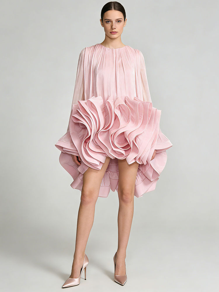 TWOTWINSTYLE Round Neck Patchwork Ruffles Chic Mini Dress