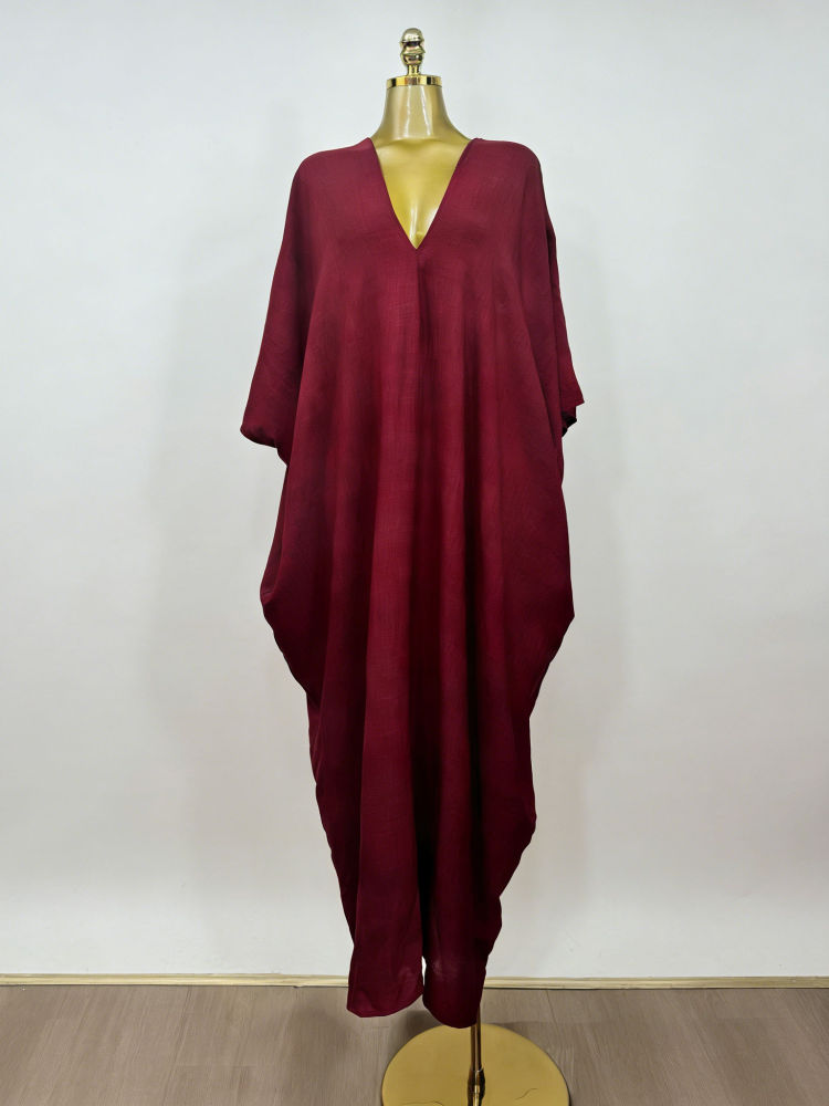 TWOTWINSTYLE Solid V Neck Loose Vintage Midi Dress