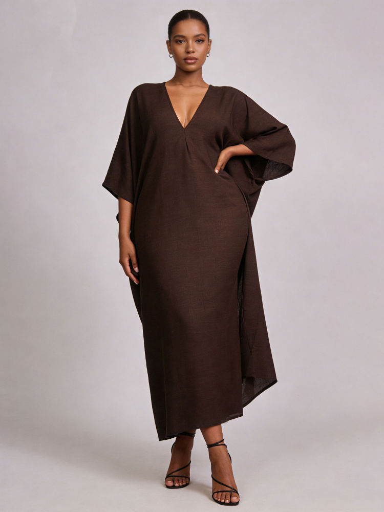TWOTWINSTYLE Solid V Neck Loose Vintage Midi Dress