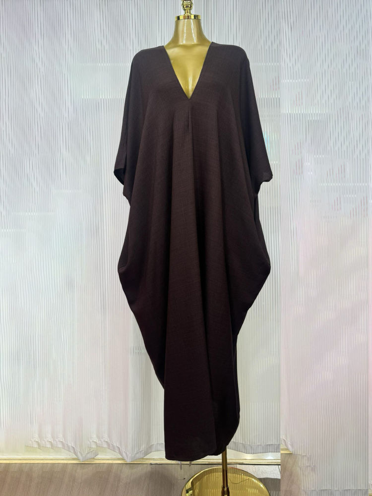 TWOTWINSTYLE Solid V Neck Loose Vintage Midi Dress
