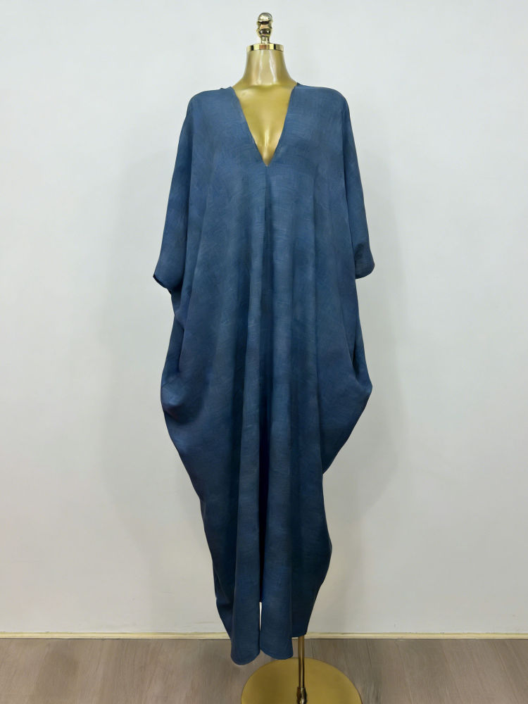 TWOTWINSTYLE Solid V Neck Loose Vintage Midi Dress